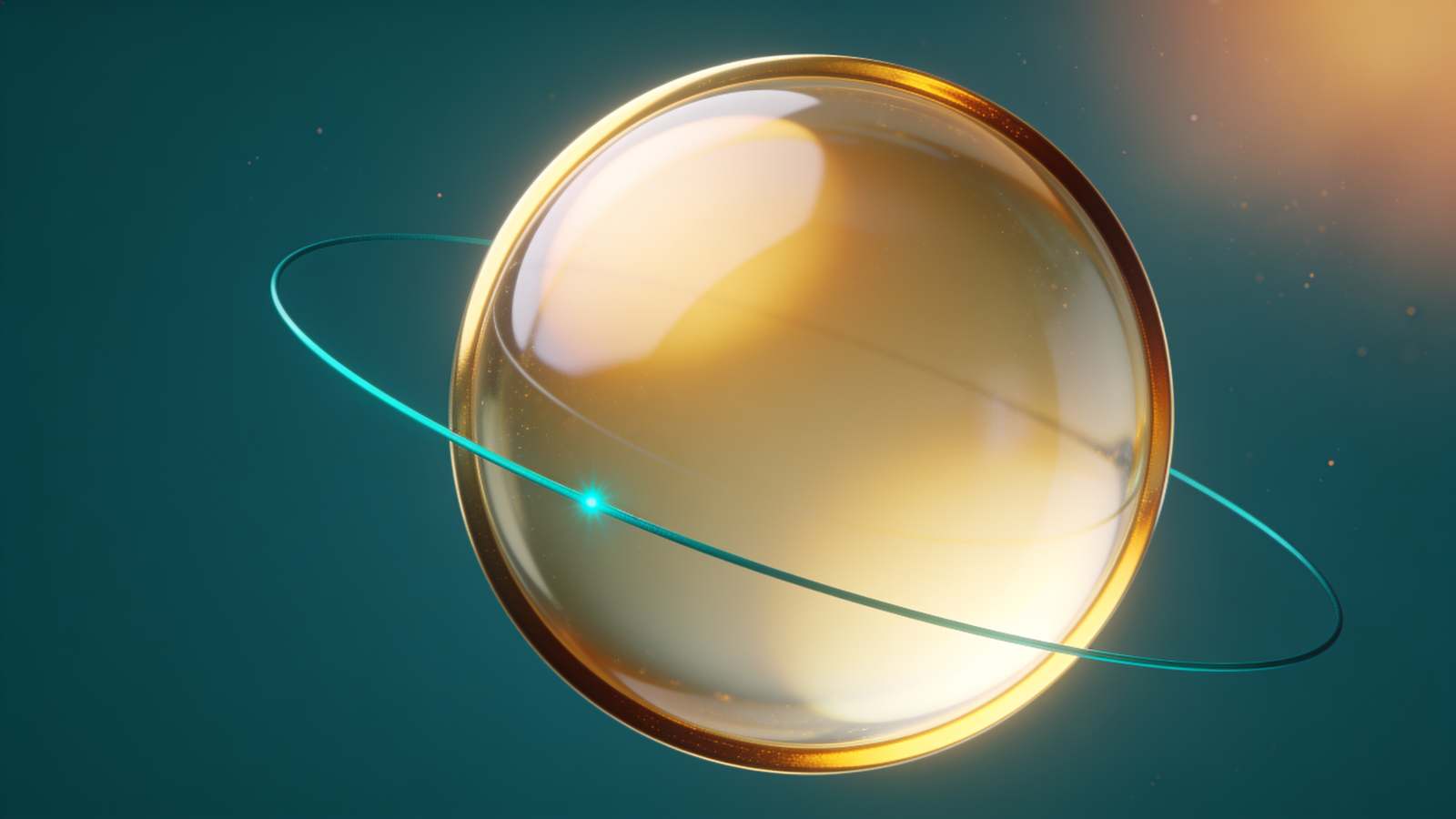 A luminous gold orb encircled by a fine teal ring, on a deep teal field.