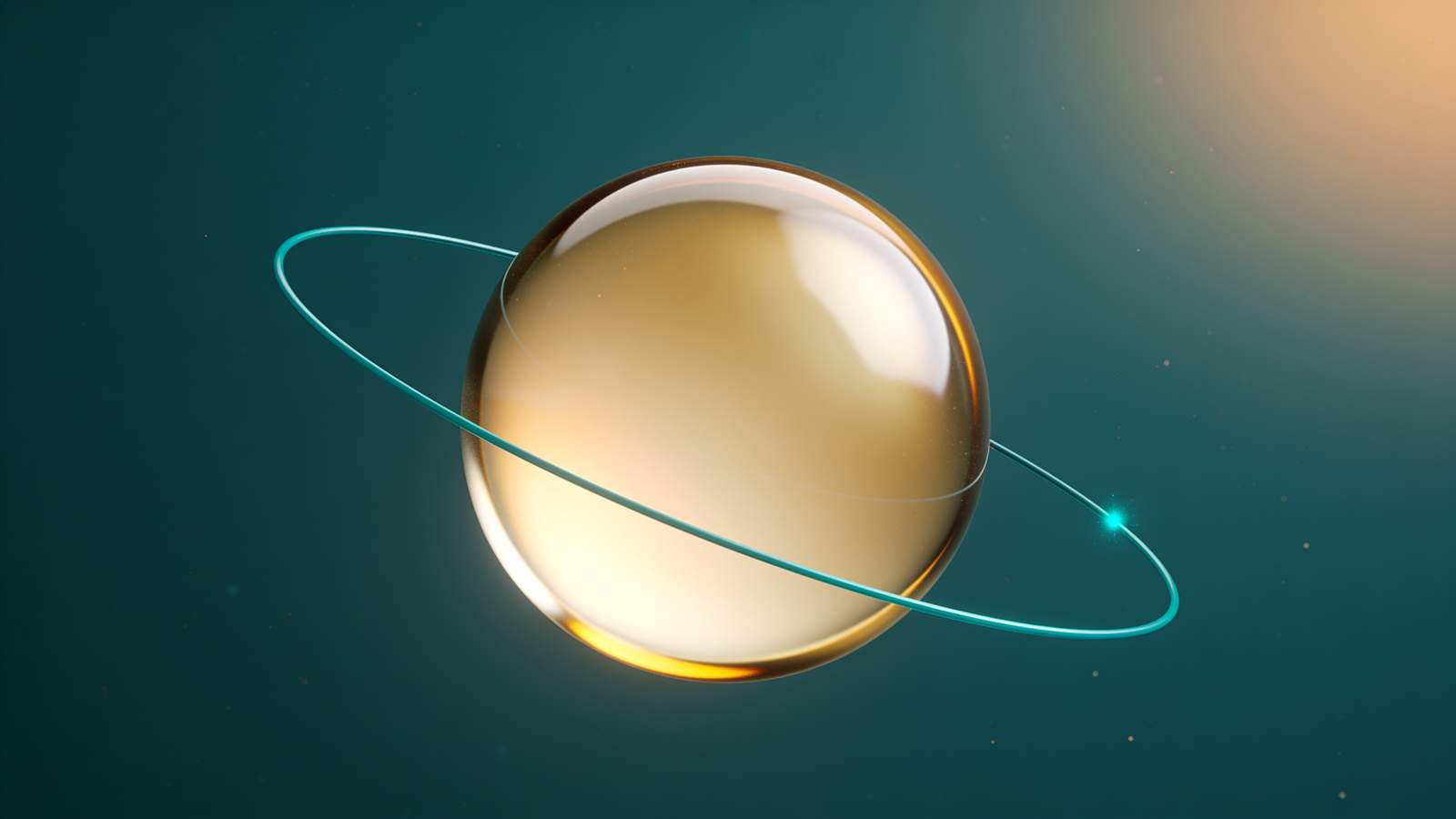 A luminous gold orb encircled by a fine teal ring, on a deep teal field.